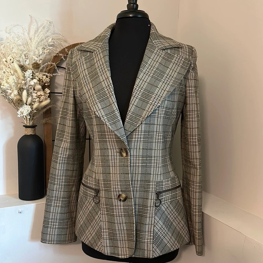 H&M | Vintage Neutral Brown Tan Plaid Blazer Large Lapel Button Down Coat - Picture 1 of 11